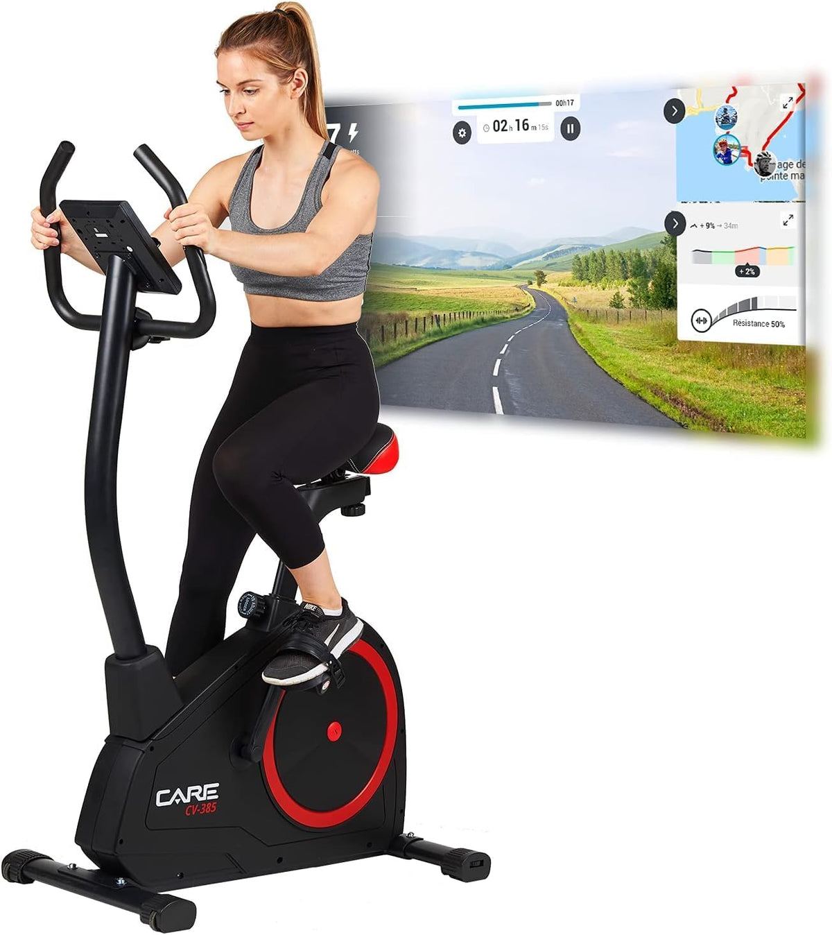 CARE FITNESS CV-385-24 Vélo d'appartement magnétique - 24 niveaux difficulté 24 programmes avec écran LCD rétroéclairé - Cardiofréquencemètres et application Kinomap