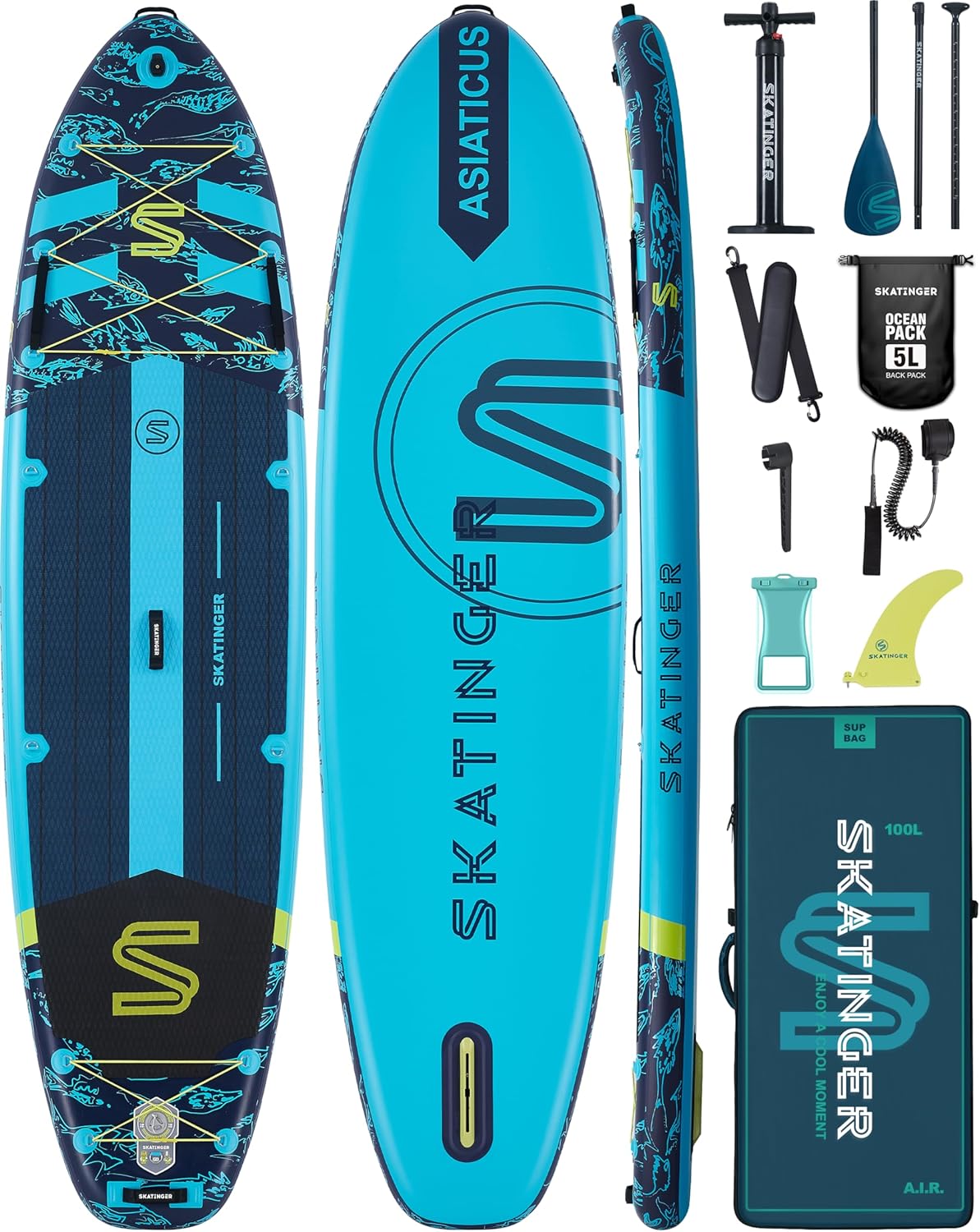 Skatinger Paddle gonflable extra large - Stand Up Paddle bleu 335 x 89 cm - Charge maximale 450 livres pour famille - Sac 100 L bandoulière et aileron