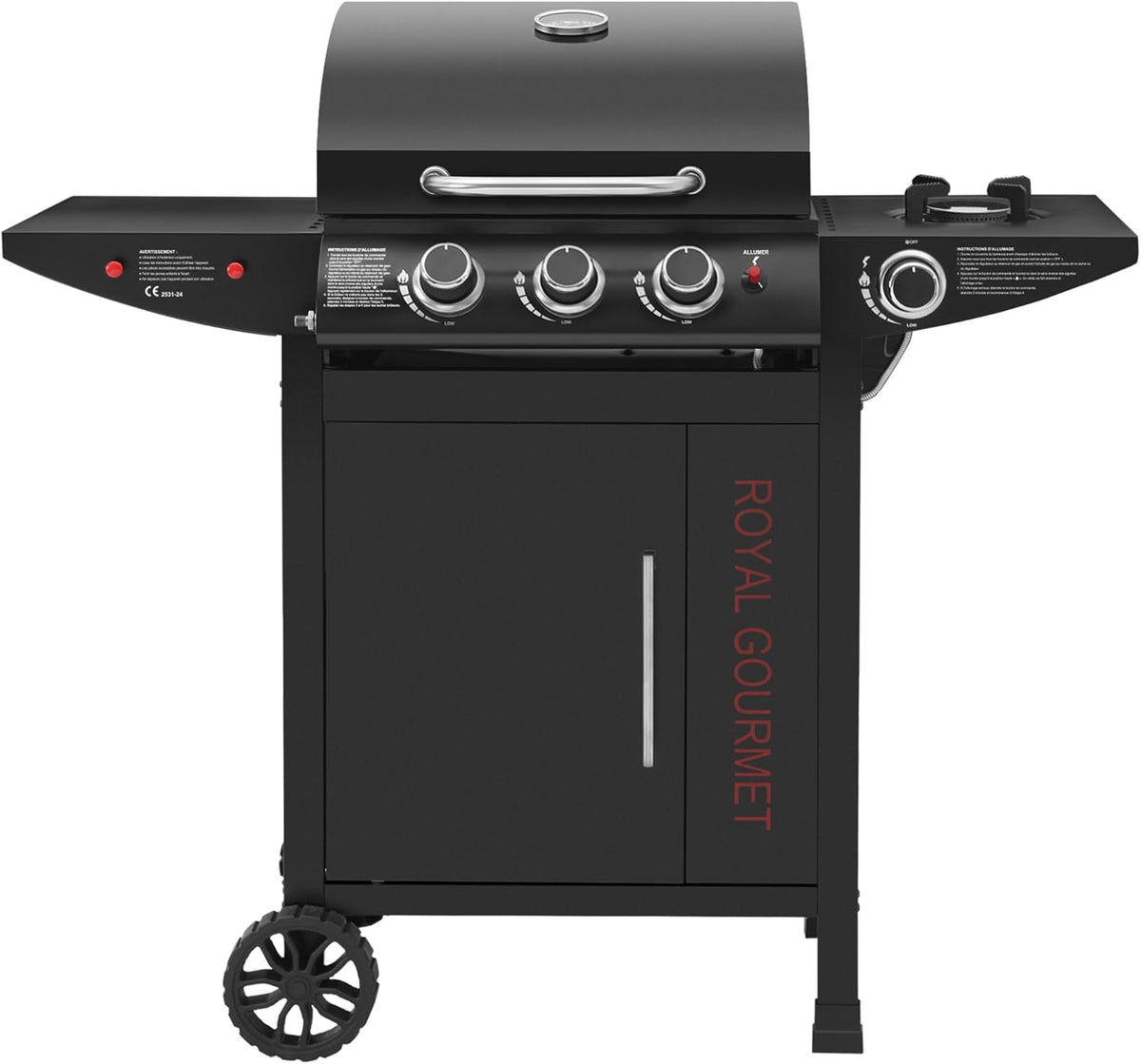 Royal Gourmet Barbecue à gaz 3 plus 1 brûleurs - Gril sur chariot puissance 11,5 kW - Métal noir 110 x 57,5 x 105 cm avec 1 porte - Thermomètre brûleur latéral et rangement