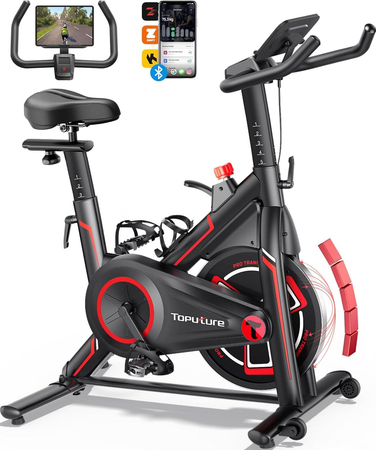 TOPUTURE Vélo d'appartement connecté - Résistance magnétique 100 niveaux et application - Métal vert charge maximale 150 kg - Écran LCD et entraînement cardio silencieux