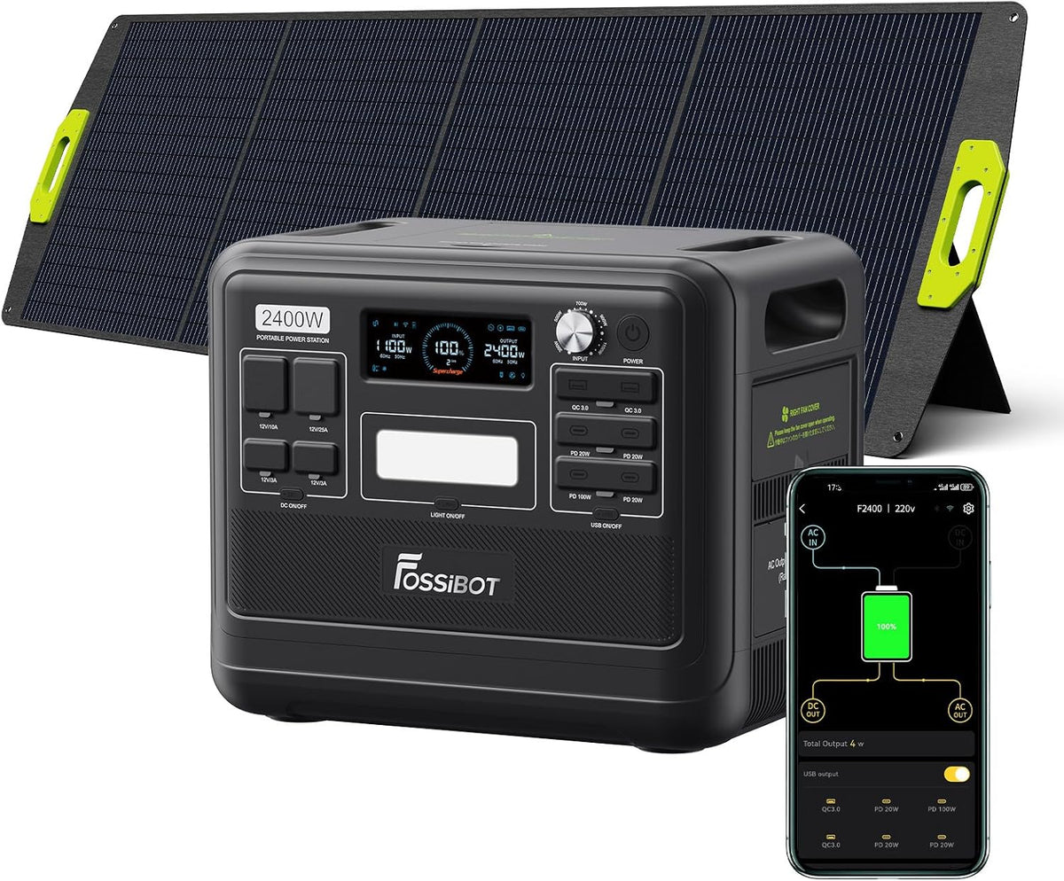 FOSSiBOT F2400 - Station électrique LiFePO4 2048 Wh avec panneau solaire 200 W - Puissance 2400 W tension 230 V - 3 sorties CA sinusoïdales pour camping et maison