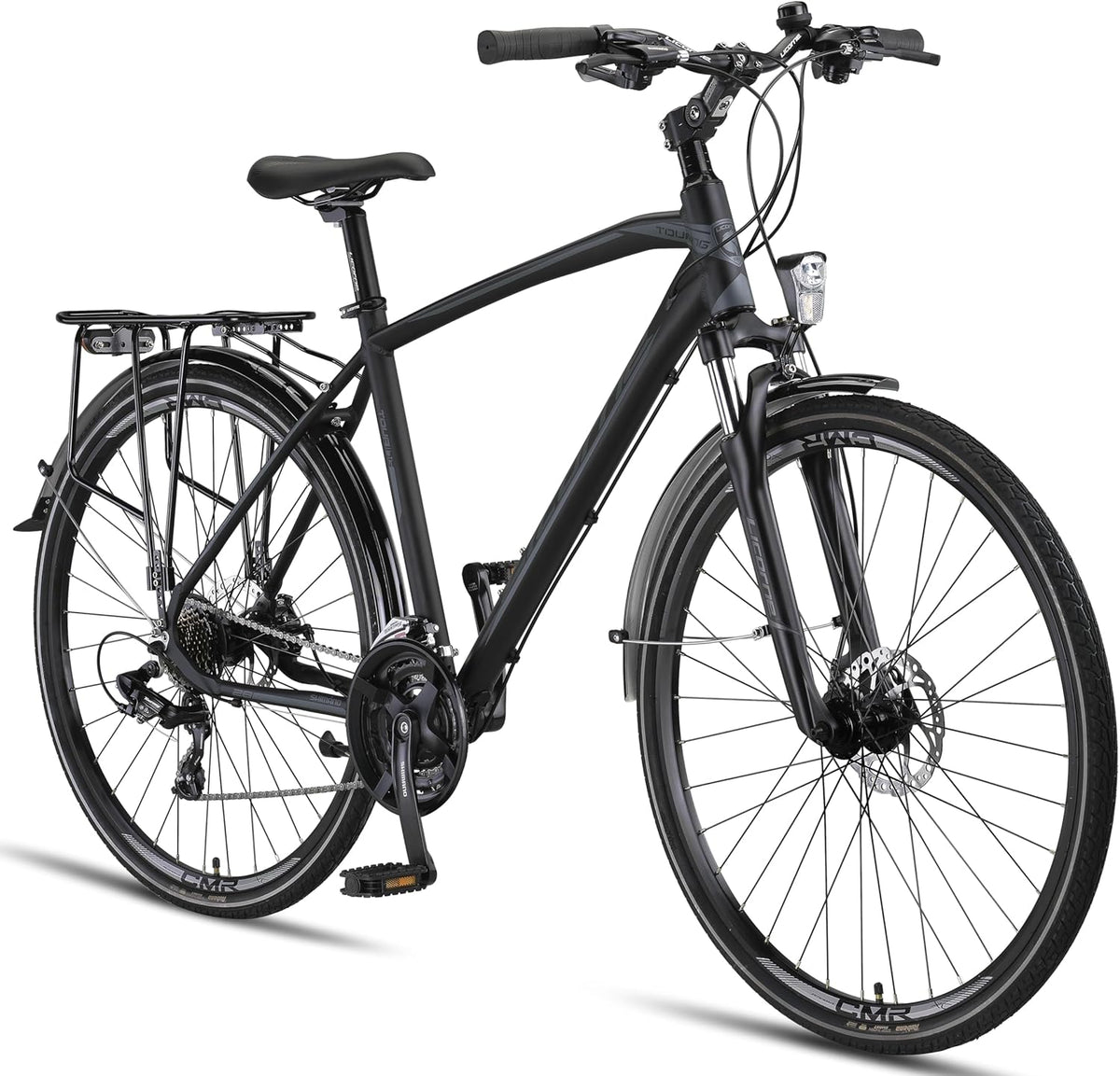 Licorne Bike Trekking - Vélo hybride 28 pouces cadre aluminium noir - 21 vitesses avec suspension avant - Béquille porte bagages et trousse outils