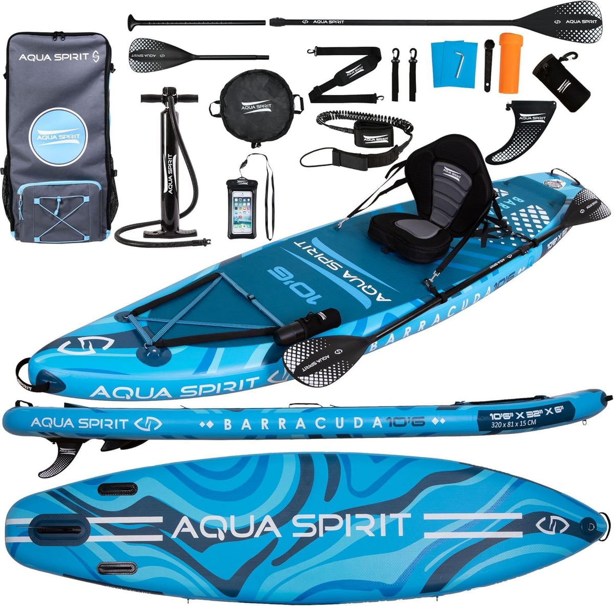 Aqua Spirit Barracuda Planche Stand Up Paddle Gonflable SUP - Combo paddle et kayak PVC bleu - Kit complet avec pagaie sac à dos pompe - Charge maximale 150 kg