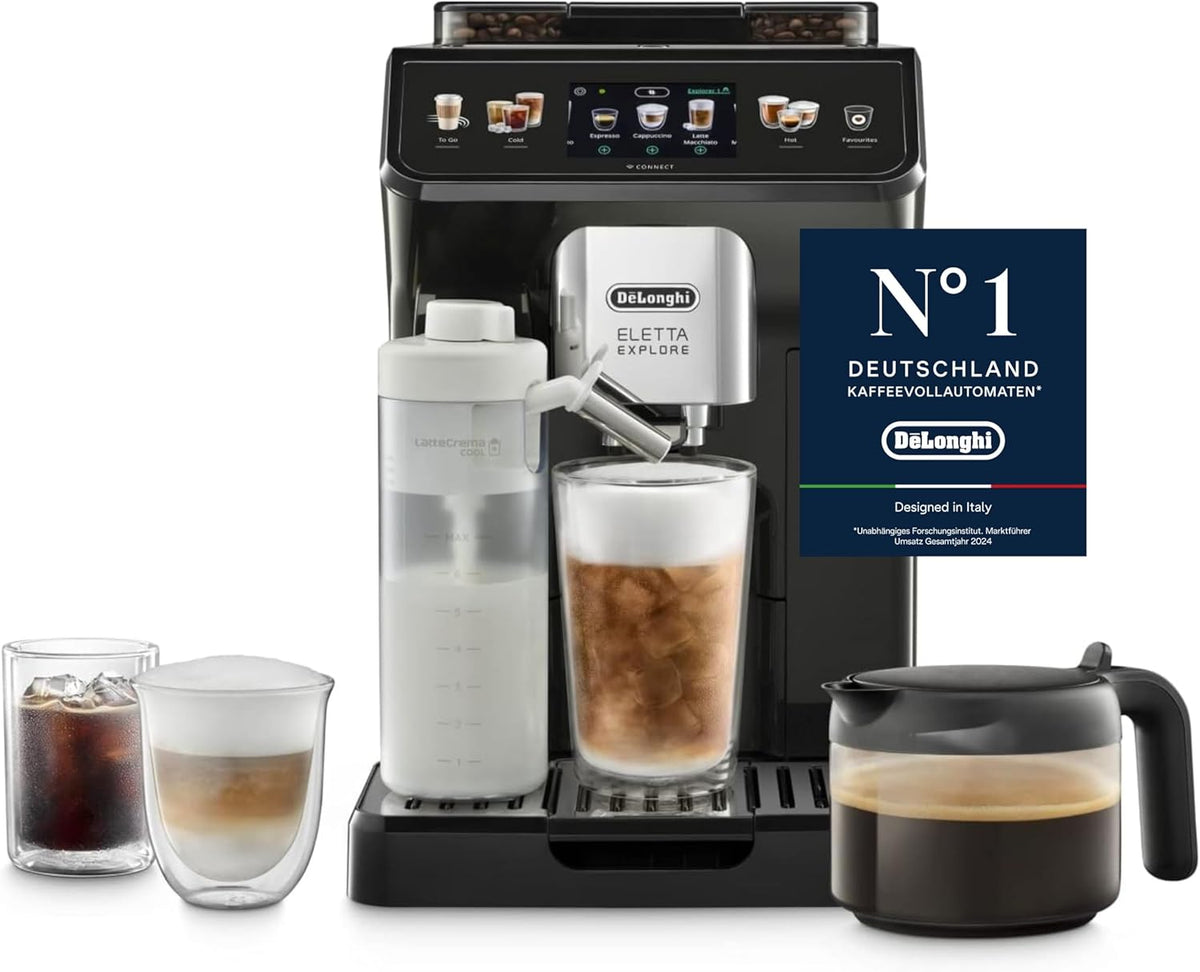 De Longhi Eletta Explore ECAM452.67.G - Machine à café automatique Cold Brew gris foncé - LatteCrema Hot and Cool espresso extraction froide - Programmable avec pot à café