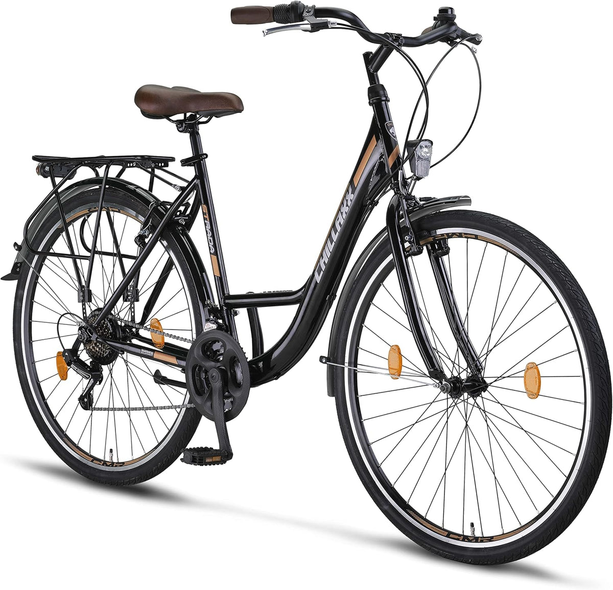 Chillaxx Bike Strada Premium - Vélo de ville 28 pouces cadre acier allié - Noir et marron 21 vitesses - Béquille sonnette poignée tournante et outils inclus