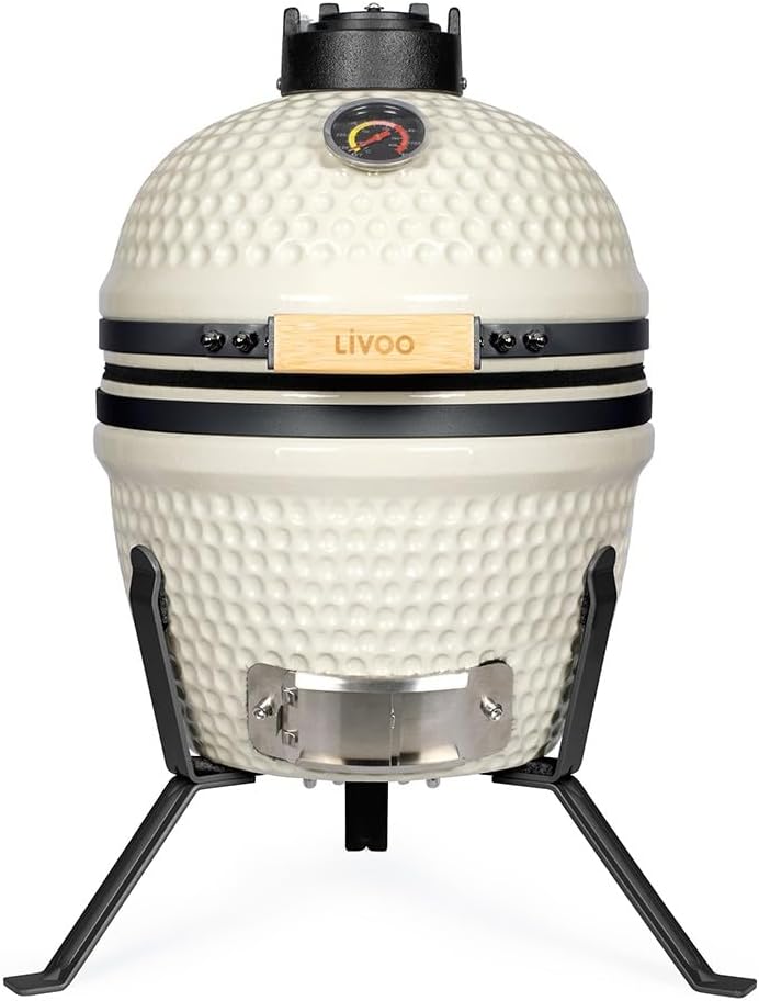 Livoo DOC330 Barbecue fumoir Kamado au charbon - Corps céramique beige avec grille cuisson diamètre 27 cm - Fumoir compact avec déflecteur chaleur