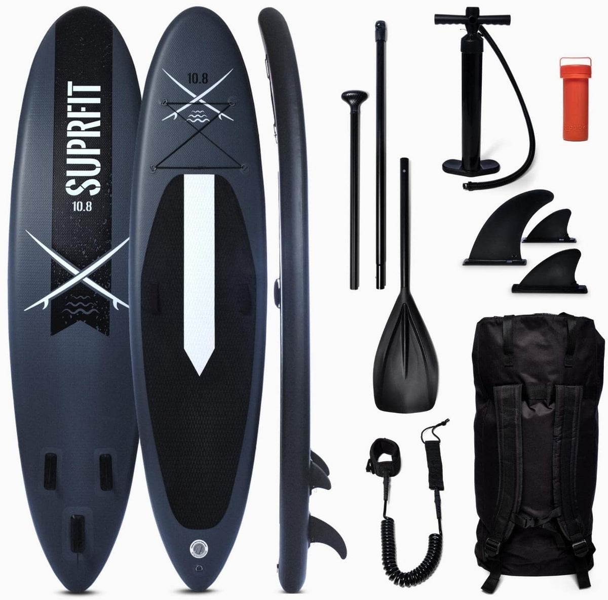 Suprfit Paddle gonflable - Stand Up Paddle double couche PVC noir et gris 330 x 78 x 15 cm - Charge maximale 150 kg - Kit complet pour tous niveaux