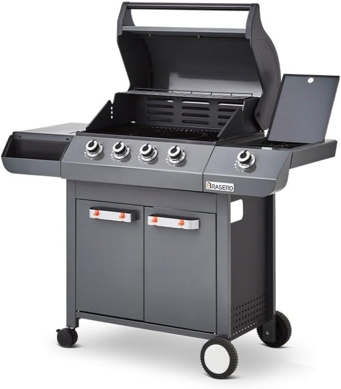 BRASERO Emma Gun Metal Barbecue à gaz 4 feux - Système FlexiGrill avec brûleur latéral - Surface cuisson 64 x 41,5 cm et puissance 15,1 kW