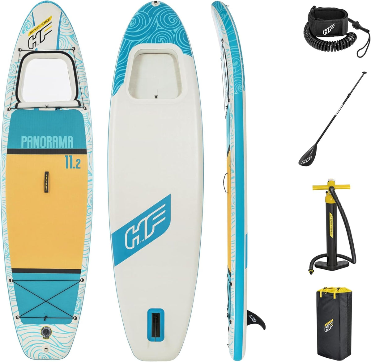 Hydro Force Planche Stand Up Paddle Gonflable SUP Touring - Kit complet avec pompe manuelle sac transport et fenêtre intégrée - Planche adulte jaune bleu blanc