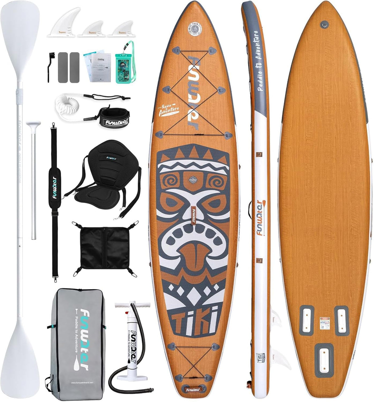 FunWater Paddle gonflable 350 cm - Stand Up Paddle PVC finition noyer gris - Charge maximale 180 kg pour tous niveaux - Siège pagaie pompe et 3 ailerons