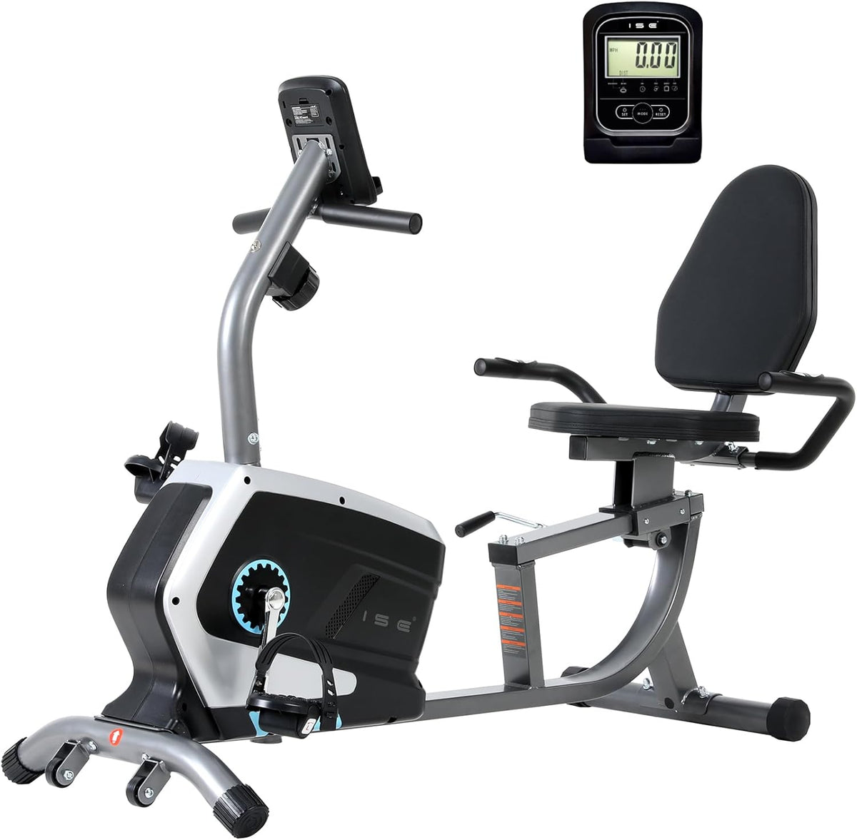 ISE Vélo semi allongé - Vélo d'appartement magnétique noir 8 niveaux - Acier inoxydable charge maximale 120 kg - Écran LCD siège réglable et roues de transport