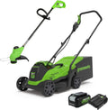 Greenworks GD24LM33LT25K4 - Tondeuse sans fil 24 V largeur 33 cm avec coupe bordures 25 cm - Vert noir gris - Bac 30 L batterie 4 Ah et chargeur inclus