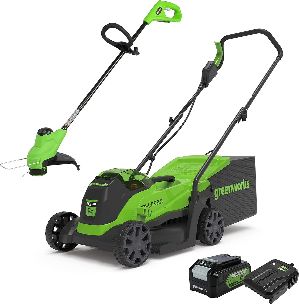 Greenworks GD24LM33LT25K4 - Tondeuse sans fil 24 V largeur 33 cm avec coupe bordures 25 cm - Vert noir gris - Bac 30 L batterie 4 Ah et chargeur inclus