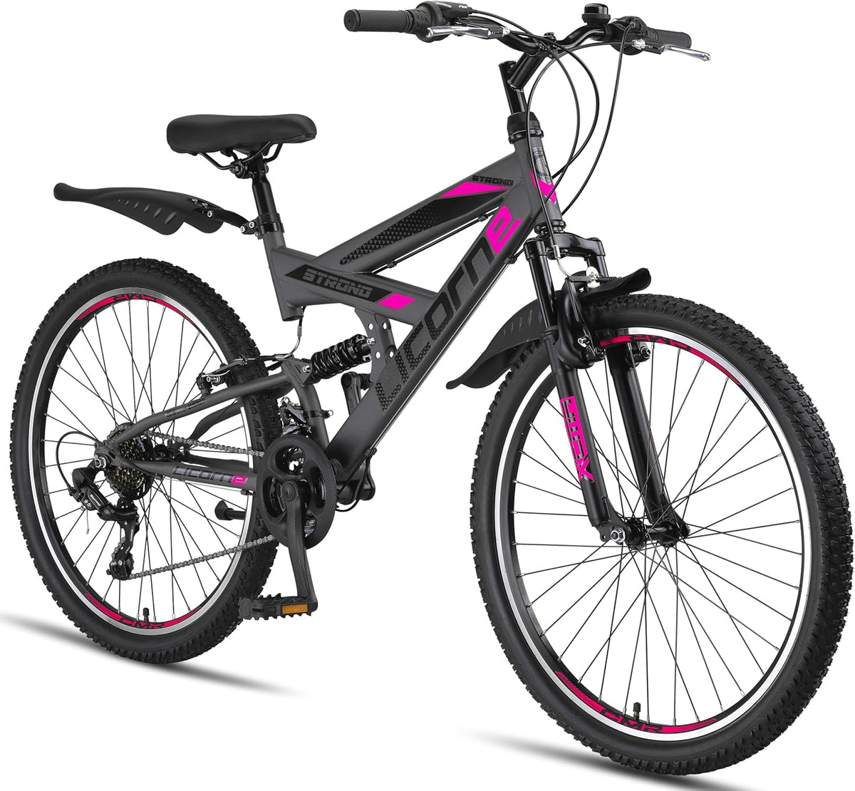 Licorne Bike VTT 26 pouces premium - Vélo montagne anthracite rose 21 vitesses avec suspension totale - Vélo garçons filles femmes hommes
