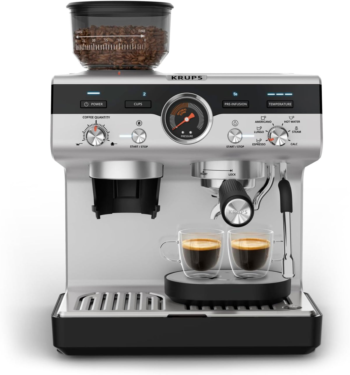 Krups Precision XP801T10 Machine espresso manuelle avec moulin intégré - 30 niveaux de mouture et buse vapeur - Cafetière barista argent