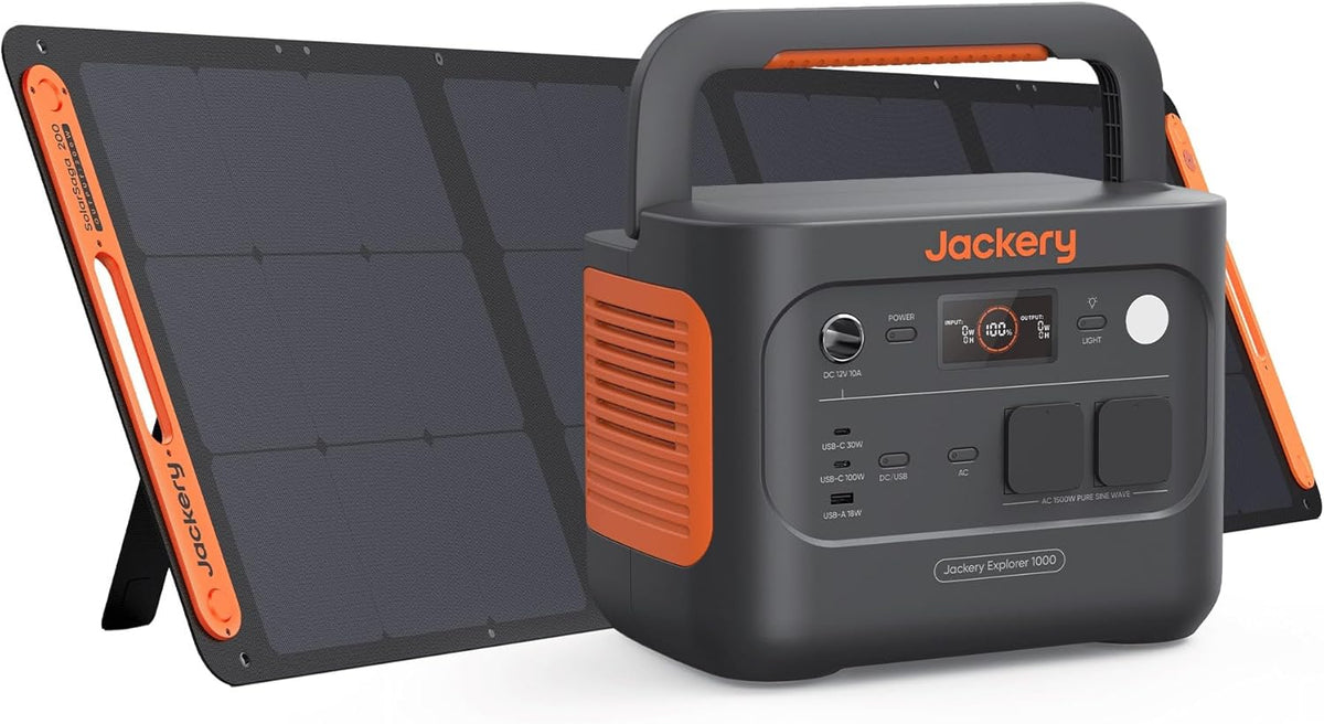 Jackery Explorer 1000 v2 - Station électrique LFP 1070 Wh avec panneau solaire 200 W - Sortie CA 1500 W et USB C 100 W - Recharge 1 heure via application pour camping