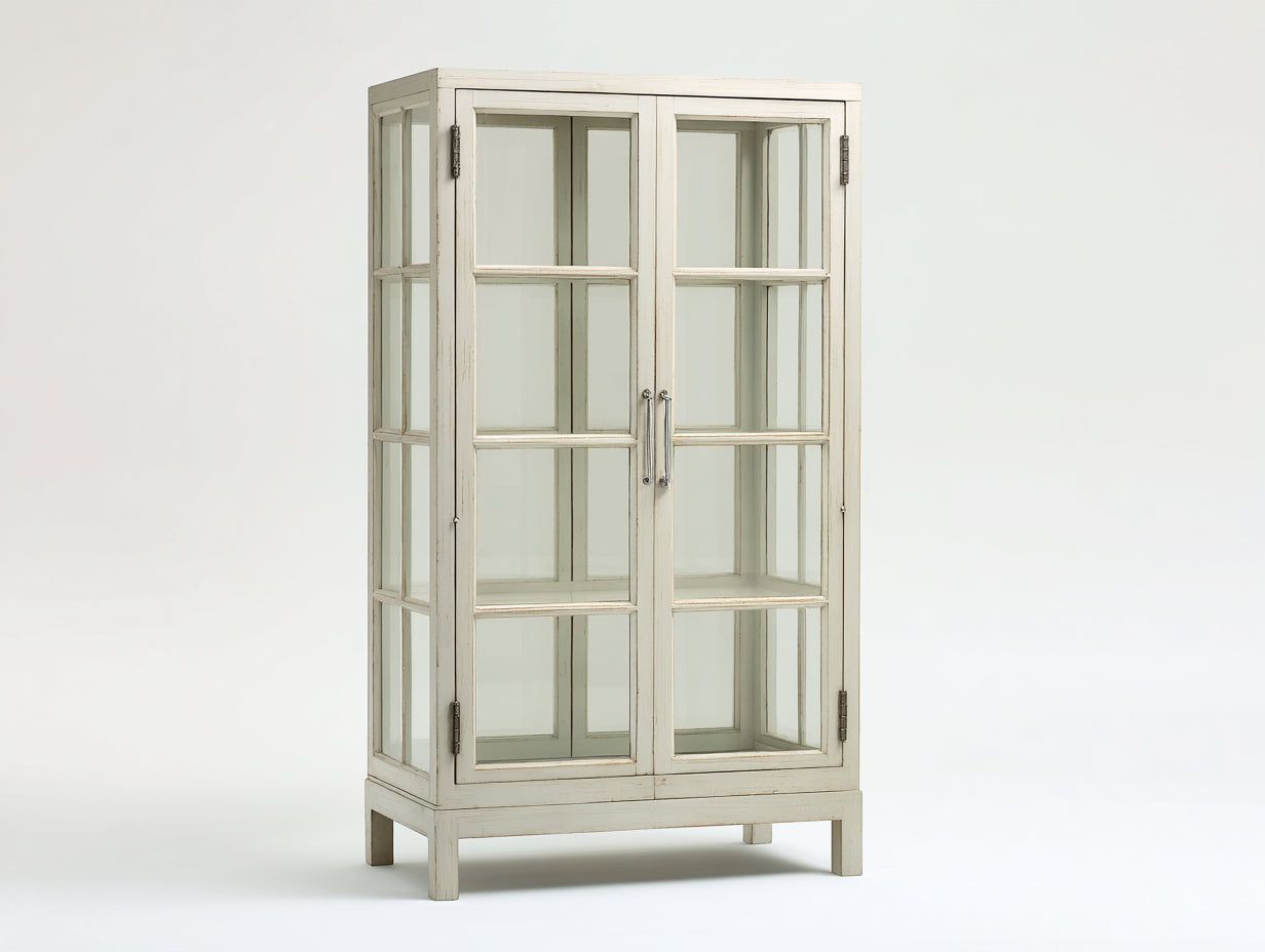 Vitrine - bois-verre-métal - 84x38x168 cm - blanc cassé - vintage