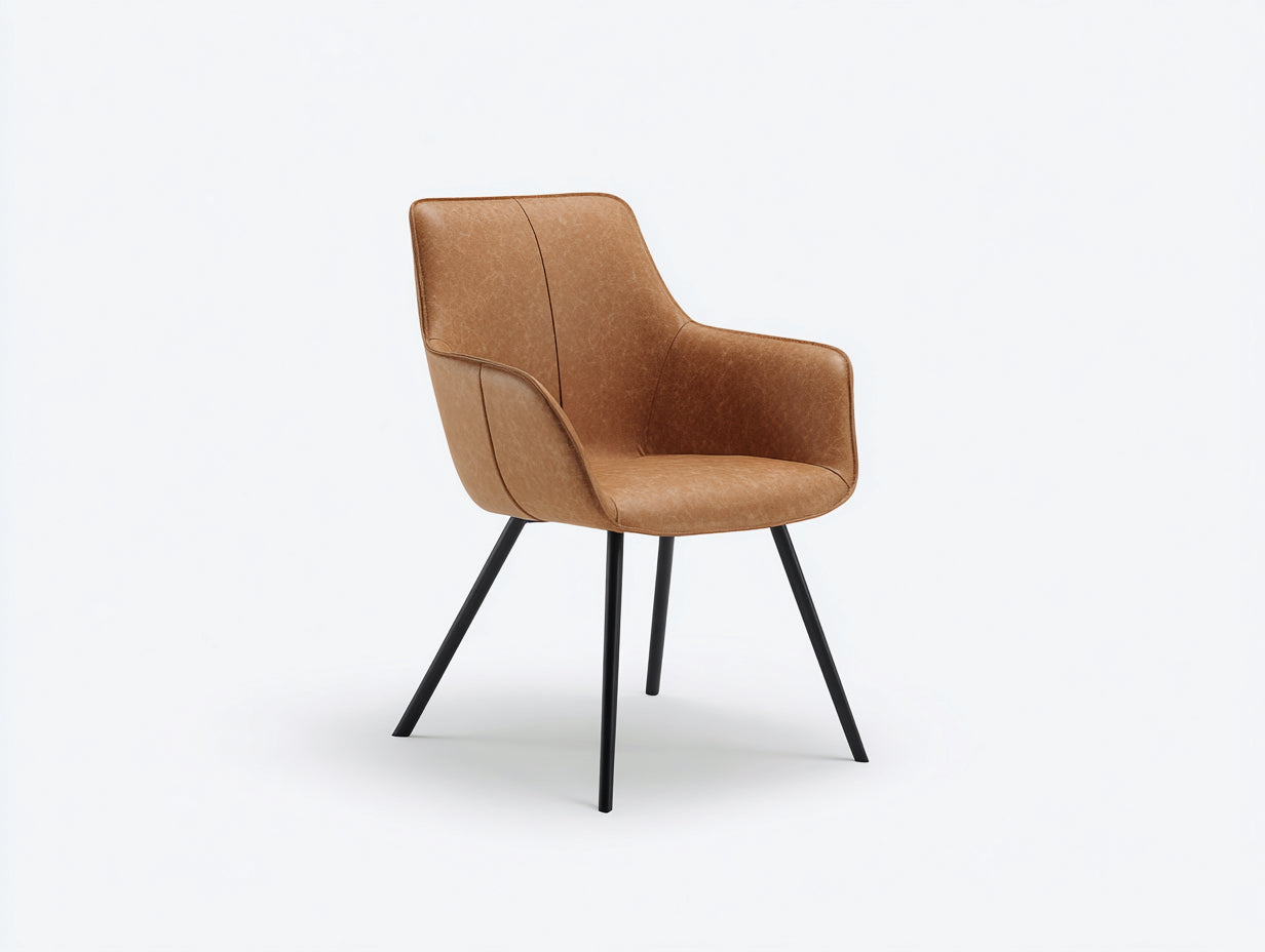Chaise de salle à manger avec accoudoirs - Simili cuir-Métal - 59x63x88 cm - Marron clair-Noir - Style minimaliste
