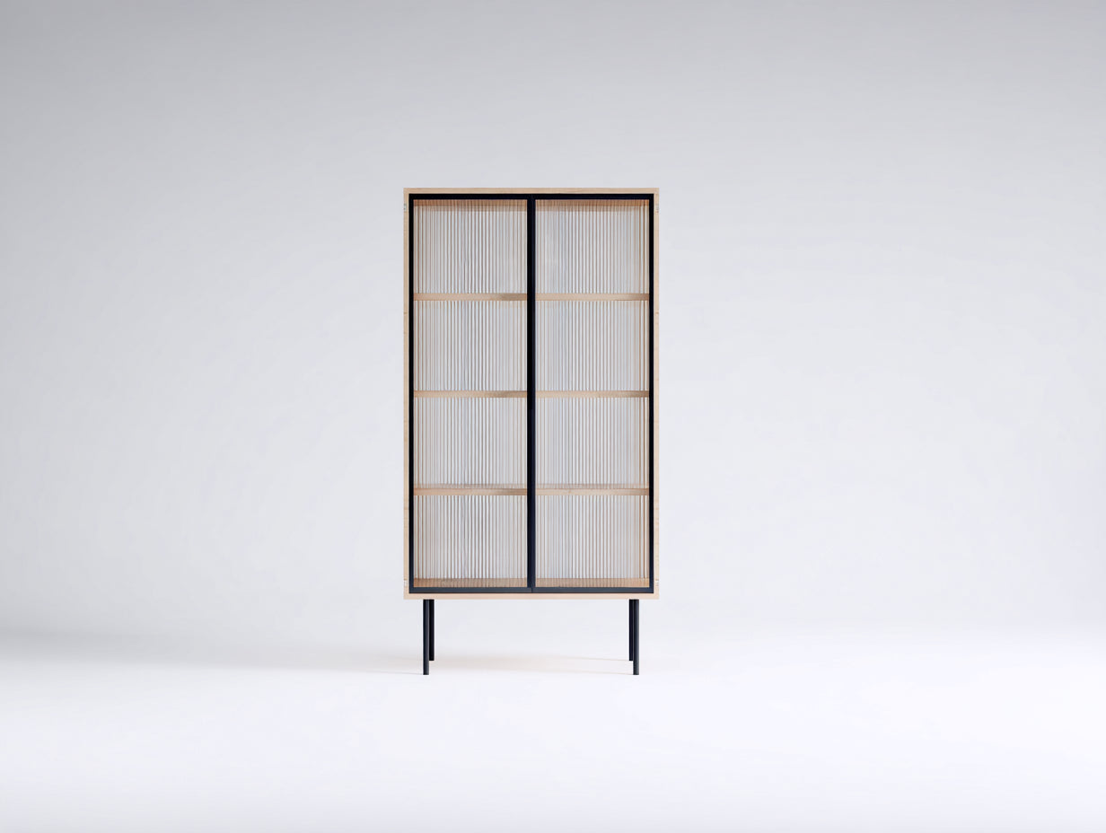 Vitrine - bois-verre-métal - 76x34x172 cm - chêne clair-noir - scandinave