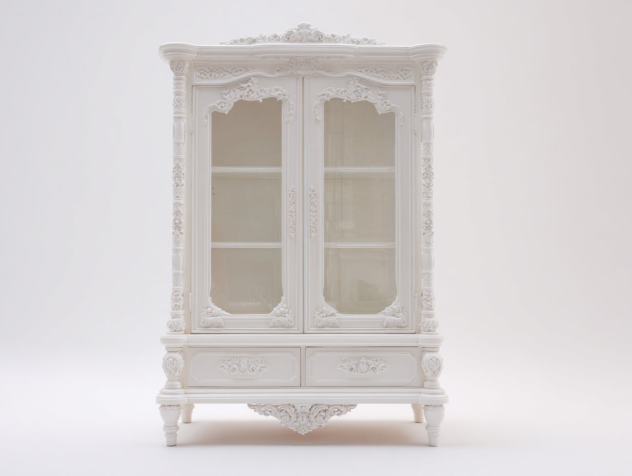 Vitrine - bois-verre-métal - 112x48x214 cm - blanc ivoire - baroque